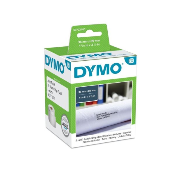 Dymo Label - sort tekst p hvid - 36mmx89mm - adresse labels - 260 stk. pr. rulle - 2 Ruller