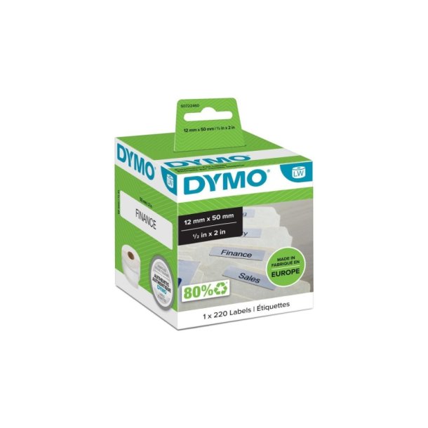 Dymo Label - sort tekst p hvid - 12mmx50m - Hngemappeetiketter - 220 stk.