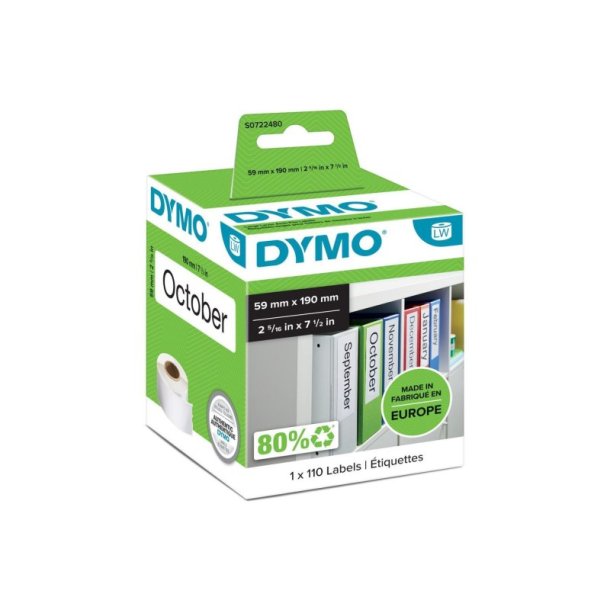 Dymo Label - sort tekst p hvid - 59mmx190m - brevordner etiketter - 110 stk.