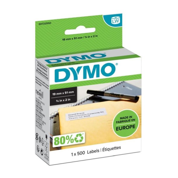 Dymo Label - sort tekst p hvid - 19mmx51mm - Multi labels - 500 stk. pr. rulle