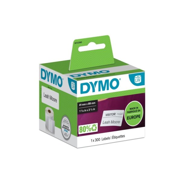 Dymo Label - sort tekst p hvid - 41mmx89m - navneskilte - 300 stk. pr. rulle