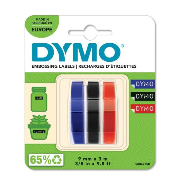 Dymo Tape - Prget - 9mmx3M - assorteret farver - Pakke med 3 stk.