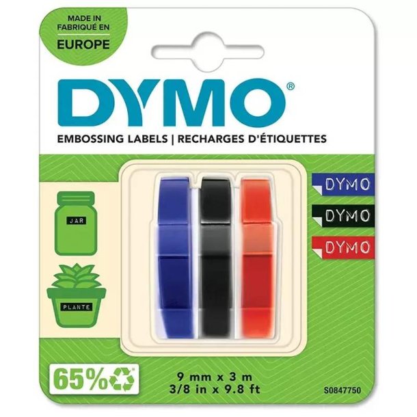 Dymo Tape - Prget - 9mmx3M - assorteret farver - Pakke med 3 stk.