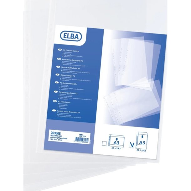 Elba A3 plastlommer stende<br>120my prget Chartek<br>Pakke med 25 stk.