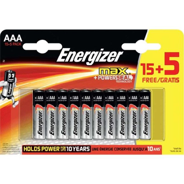 Energizer Batteri - MAX - AAA/E92 - Pakke med 15 + 5 stk.