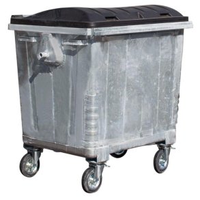 Engels St�lcontainer 1100L med dobbeltv�gs plastl�g og 4 hjul