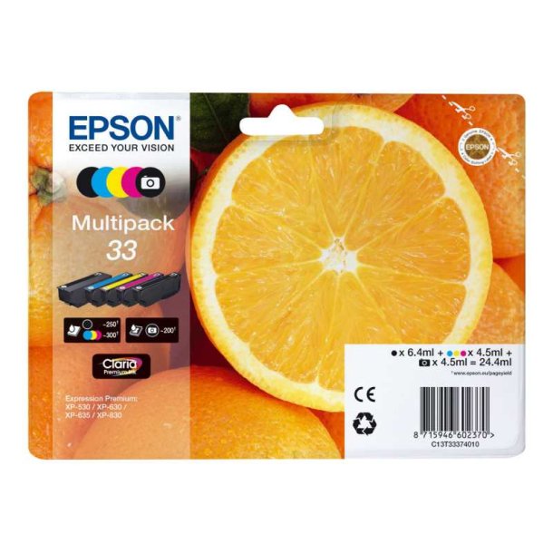 Epson original blkpatron T33 Multipack - S/C/M/Y, Foto-Sort - 6,4/4,5 ml - 33 Appelsin