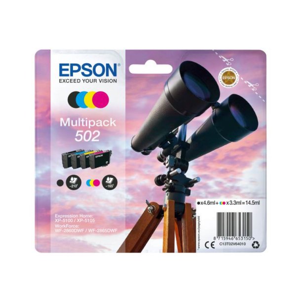 Epson original blkpatron T502 Multipack - Sort, Cyan, Magenta, Yellow - 4,6/3,3 ml - 502 Kikkert