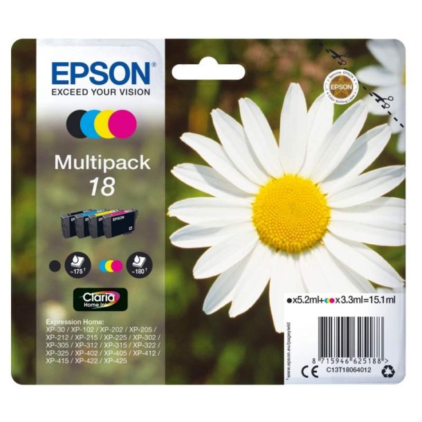 Epson original blkpatron T18 Multipack - Sort, Cyan, Magenta, Yellow - 5,2/3,3 ml - 18 marguerit