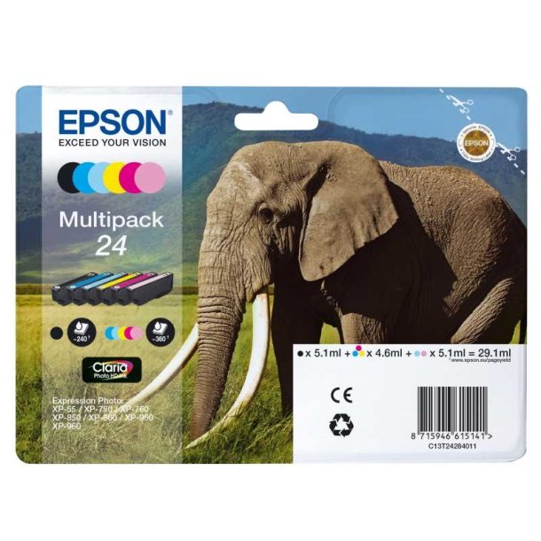 Epson original blkpatron T24 Multipack - S/C/M/Y, Lys Magenta, Lys Cyan - 5,1/4,6 ml - 24 Elefant