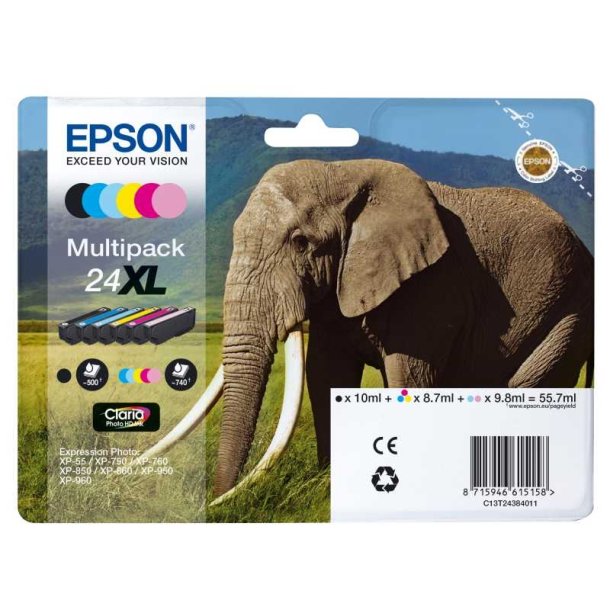 Epson original blkpatron T24XL Multipack - S/C/M/Y, Lys M, Lys C - 10/8,7/9,8 ml - 24XL Elefant