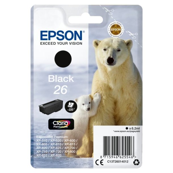 Epson original blkpatron T26 - Sort - 6,2 ml - 26 Isbjrn