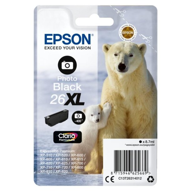 Epson original blkpatron T26XL - Foto-Sort XL - 8,7 ml - 26XL Isbjrn