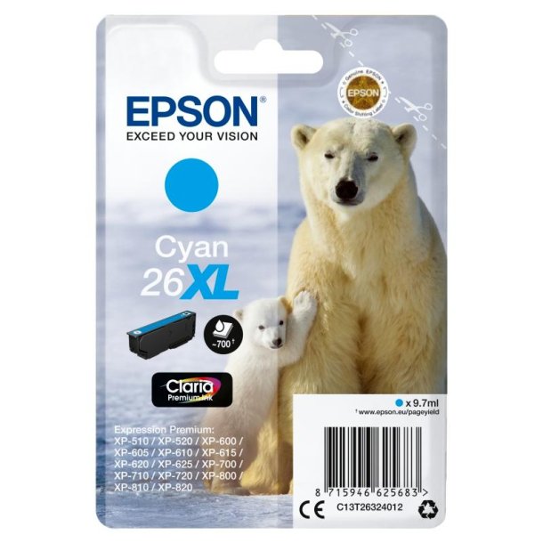 Epson original blkpatron T26XL - Cyan XL - 9,7 ml - 26XL Isbjrn