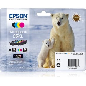 Epson original bl�kpatron T26XL Multipack - Sort, Cyan, Magenta, Yellow - 12,2/9,7 ml - 26XL Isbj�rn