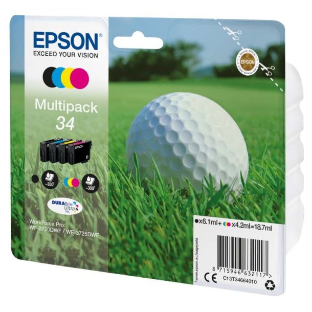 Epson original blkpatron T34 Multipack - Sort, Cyan, Magenta, Yellow - 6,1/4,2 ml - 34 Golfbold