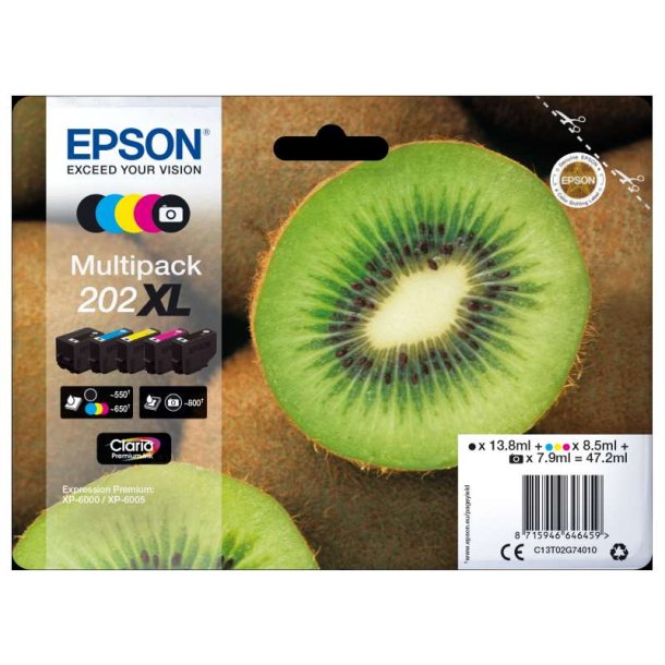 Epson original blkpatron T202XL - multipack XL - S/C/M/Y, Foto-Sort - 13,5/8,5/7,9 - 202XL Kiwi