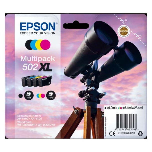 Epson original blkpatron T502XL Multipack - Sort, Cyan, Magenta, Yellow - 9,2/6,4 ml - 502 Kikkert