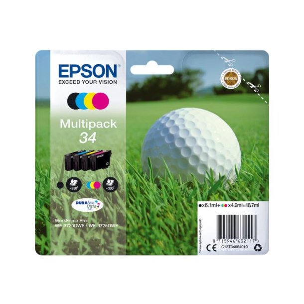 Epson original blkpatron T34 Multipack - Sort, Cyan, Magenta, Yellow - 6,1/4,2 ml - 34 Golfbold