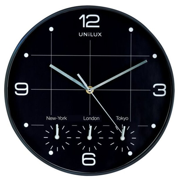 Unilux On Time Clock<br>Analog vgur i Sort<br>Diameter 30,5 cm<br>Viser 4 tidszoner