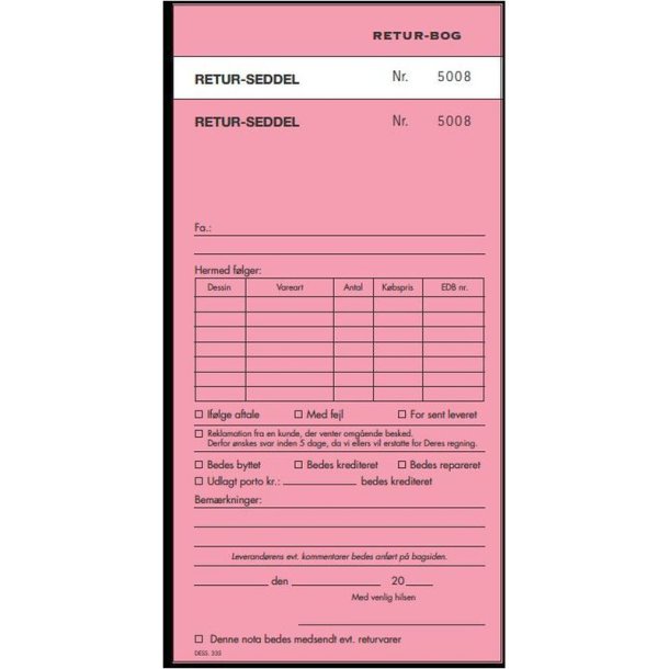 Returbog - 2x50 ark - 21x13,8 cm - Lyserd