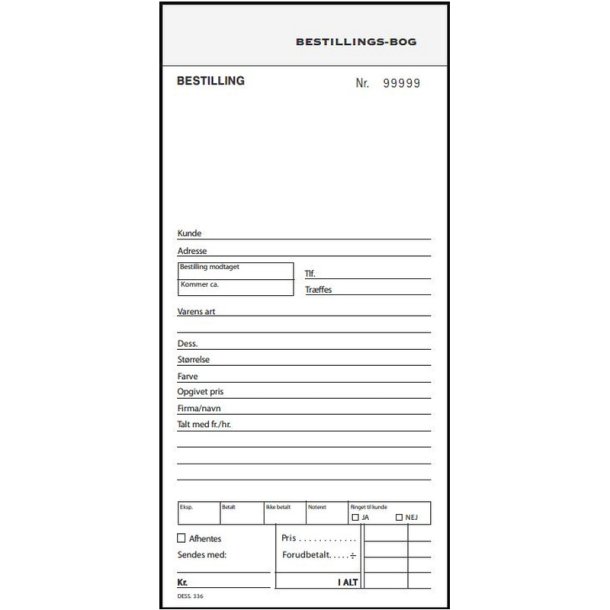 Bestillingsbog - 100 ark - 21x13,8 cm - Hvid