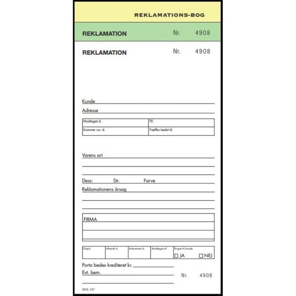 Reklamationsbog - 2x50 ark - 21x13,8 cm - Gul