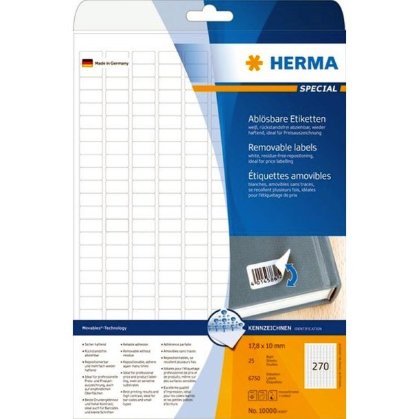 Herma etiketter - hvide p A4<br>17,8mmx10mm - 6750 etiketter<br>aftagelige og flytbare