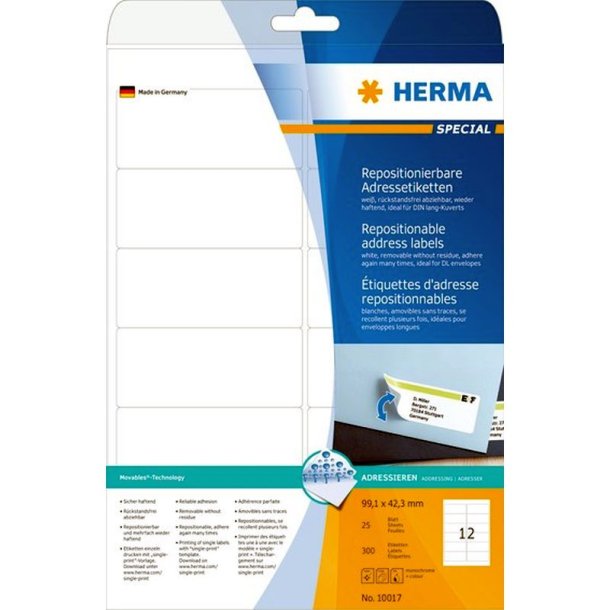 Herma etiketter - hvide p A4<br>99,1mmx42,3mm - 300 etiketter<br>aftagelige og flytbare