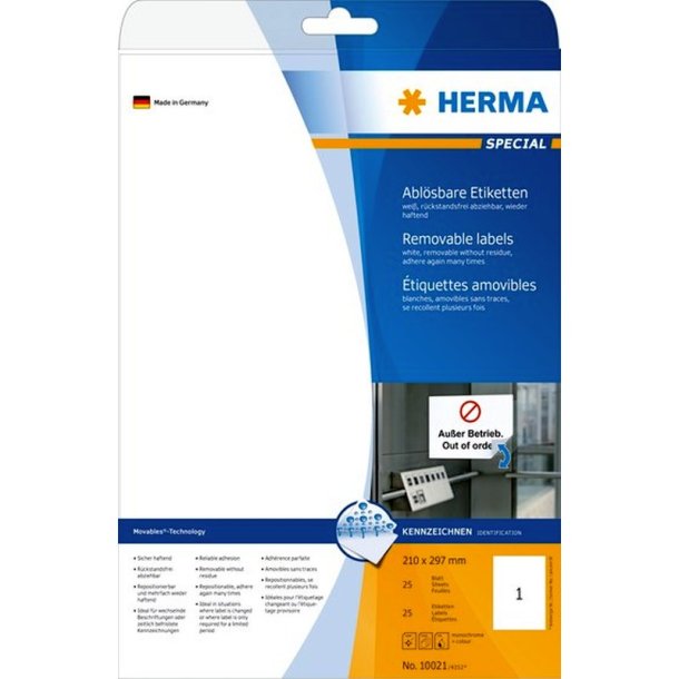 Herma etiketter - hvide p A4<br>210,0mmx297,0mm - 25 etiketter<br>aftagelige og flytbare