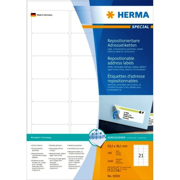 Herma etiketter - hvide p A4<br>63,5mmx38,1mm - 2100 etiketter<br>aftagelige og flytbare