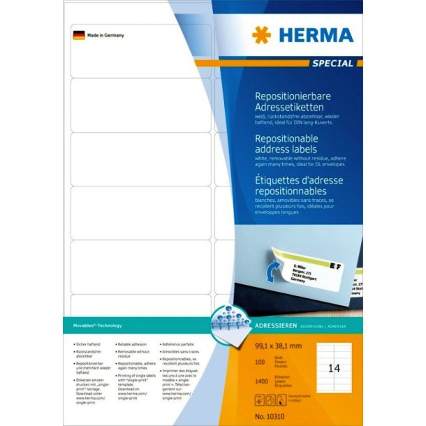 Herma etiketter - hvide p A4<br>99,1mmx38,1mm - 1400 etiketter<br>aftagelige og flytbare