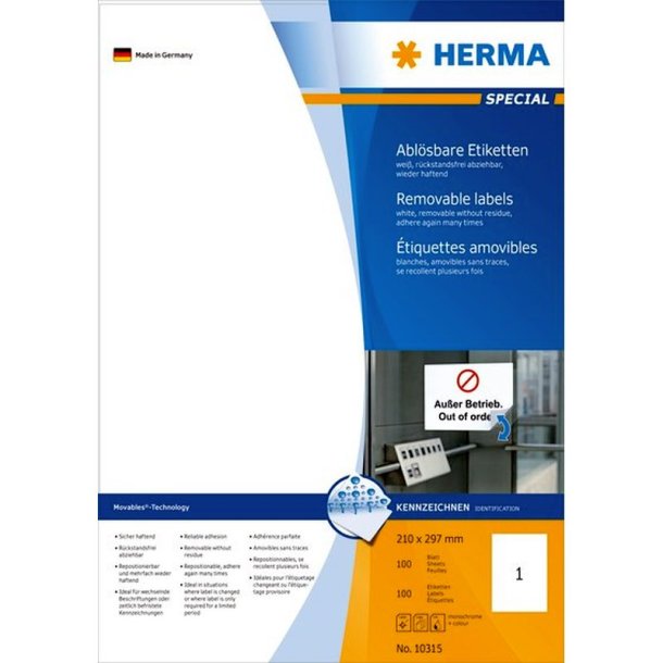 Herma etiketter - hvide p A4<br>210,0mmx297,0mm - 100 etiketter<br>aftagelige og flytbare