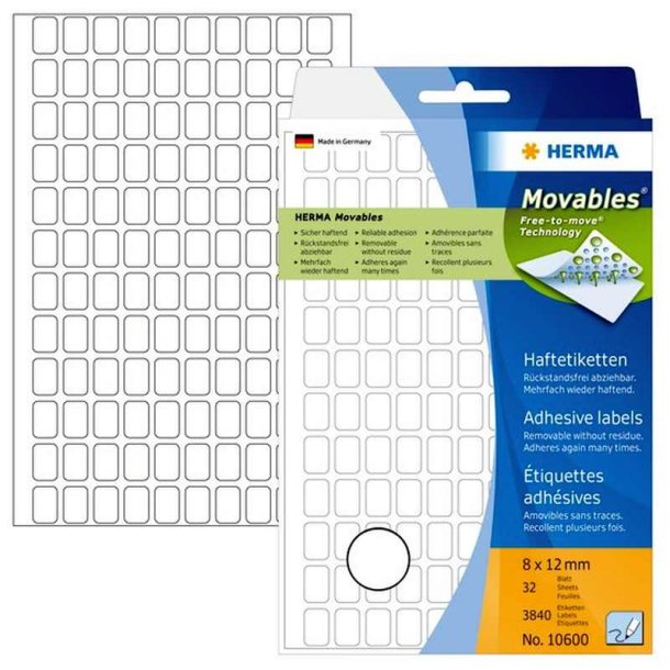 Herma etiketter - hvide p A4<br>8,0mmx12,0mm - 3840 etiketter<br>aftagelige og flytbare