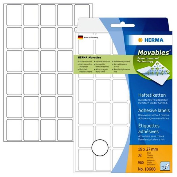 Herma etiketter - hvide p A4<br>19,0mmx27,0mm - 960 etiketter<br>aftagelige og flytbare