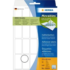 Herma etiketter - hvide p A4 - 19mmx40,0mm - 640 etiketter - aftagelige og flytbare