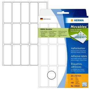 Herma etiketter - hvide p A4 - 20,0mmx50,0mm - 480 etiketter - aftagelige og flytbare