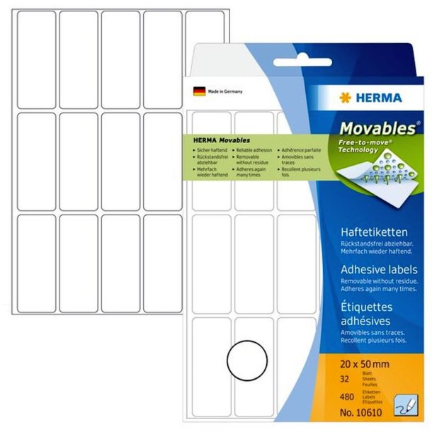 Herma etiketter - hvide p A4<br>20,0mmx50,0mm - 480 etiketter<br>aftagelige og flytbare