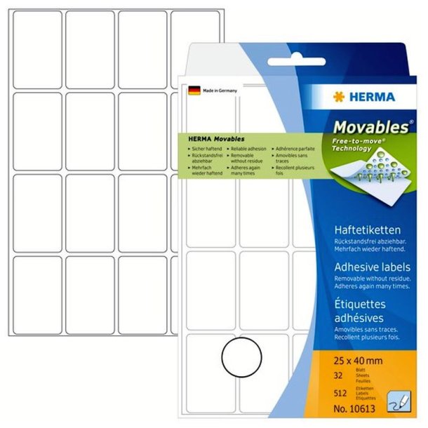 Herma etiketter - hvide p A4<br>25mmx40,0mm - 512 etiketter<br>aftagelige og flytbare