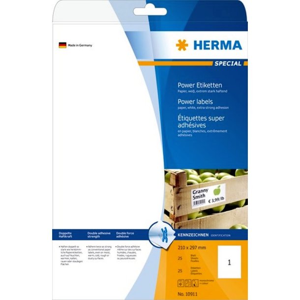 Herma etiketter - hvide p A4<br>210,0mmx297,0mm - 25 etiketter<br>ekstra strk