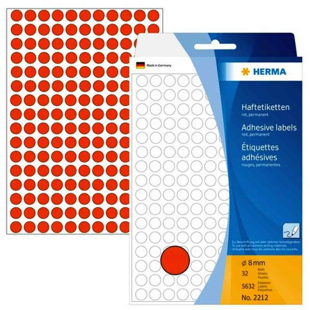 Herma 2212 runde selvklbende etiketter p ark - 8 mm<br>5632 permanente rde etiketter