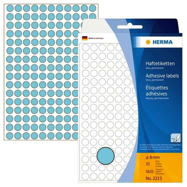 Herma 2213 runde selvklbende etiketter p ark - 8 mm<br>5632 permanente bl etiketter