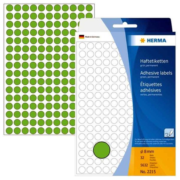 Herma 2215 runde selvklbende etiketter p ark - 8 mm<br>5632 permanente grnne etiketter