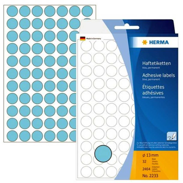 Herma 2233 runde selvklbende etiketter p ark - 13 mm<br>2464 permanente bl etiketter