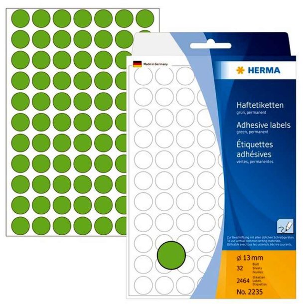 Herma 2235 runde selvklbende etiketter p ark - 13 mm<br>2464 permanente grnne etiketter