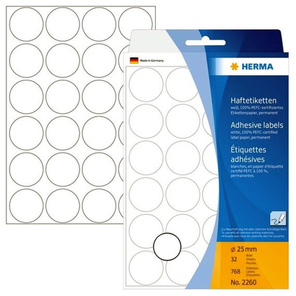 Herma 2260 runde selvklbende etiketter p ark - 25 mm<br>768 permanente hvide etiketter