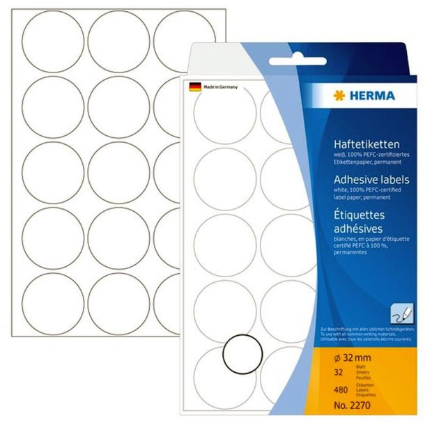 Herma 2270 runde selvklbende etiketter p ark - 32 mm<br>480 permanente hvide etiketter