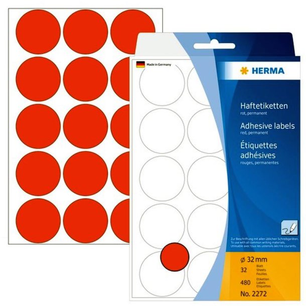 Herma 2272 runde selvklbende etiketter p ark - 32 mm<br>480 permanente rde etiketter