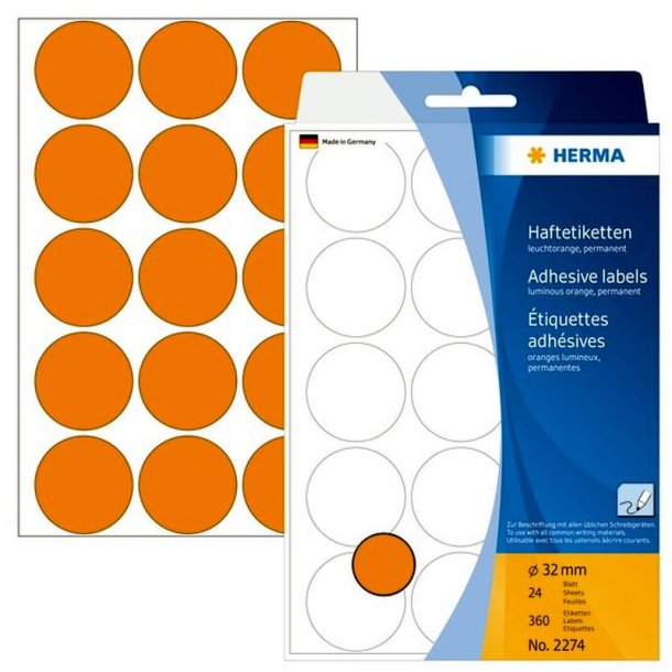 Herma 2274 runde selvklbende etiketter p ark - 32 mm<br>360 permanente neon orange etiketter