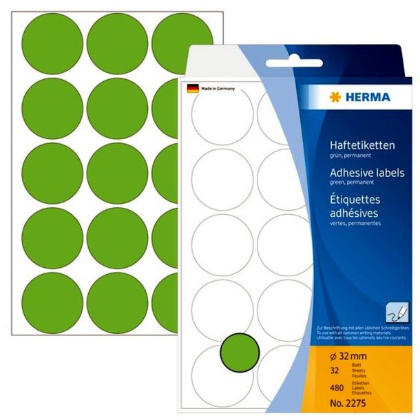 Herma 2275 runde selvklbende etiketter p ark - 32 mm<br>480 permanente grnne etiketter